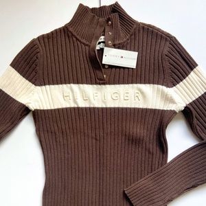 VINTAGE TOMMY LOGO RIBBED BUTTON COTTON TURTLENECK SWEATER ACADEMIA PREP OFFICE